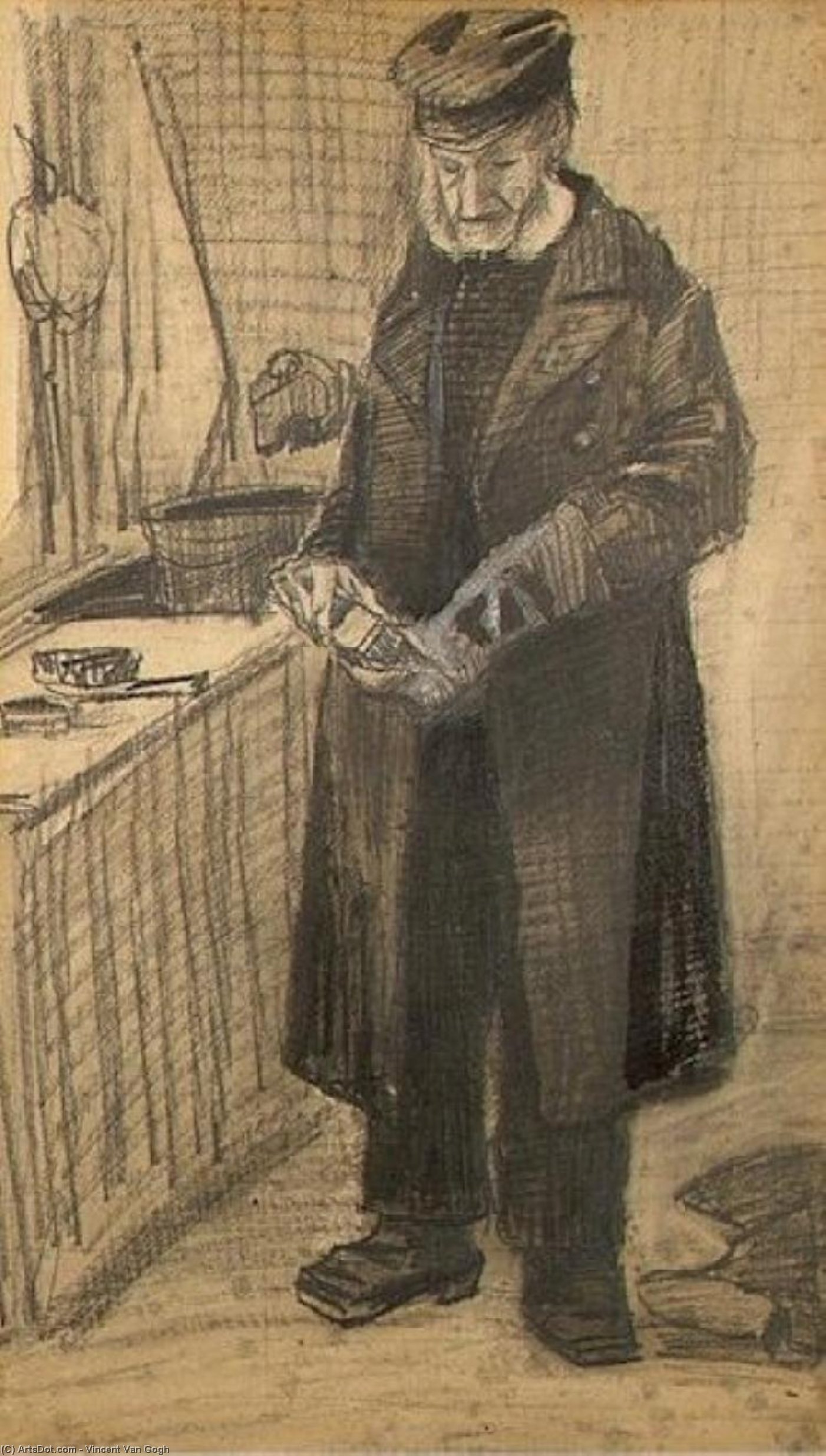 WikiOO.org - Enciklopedija likovnih umjetnosti - Slikarstvo, umjetnička djela Vincent Van Gogh - Orphan Man with Long Overcoat Cleaning Boots