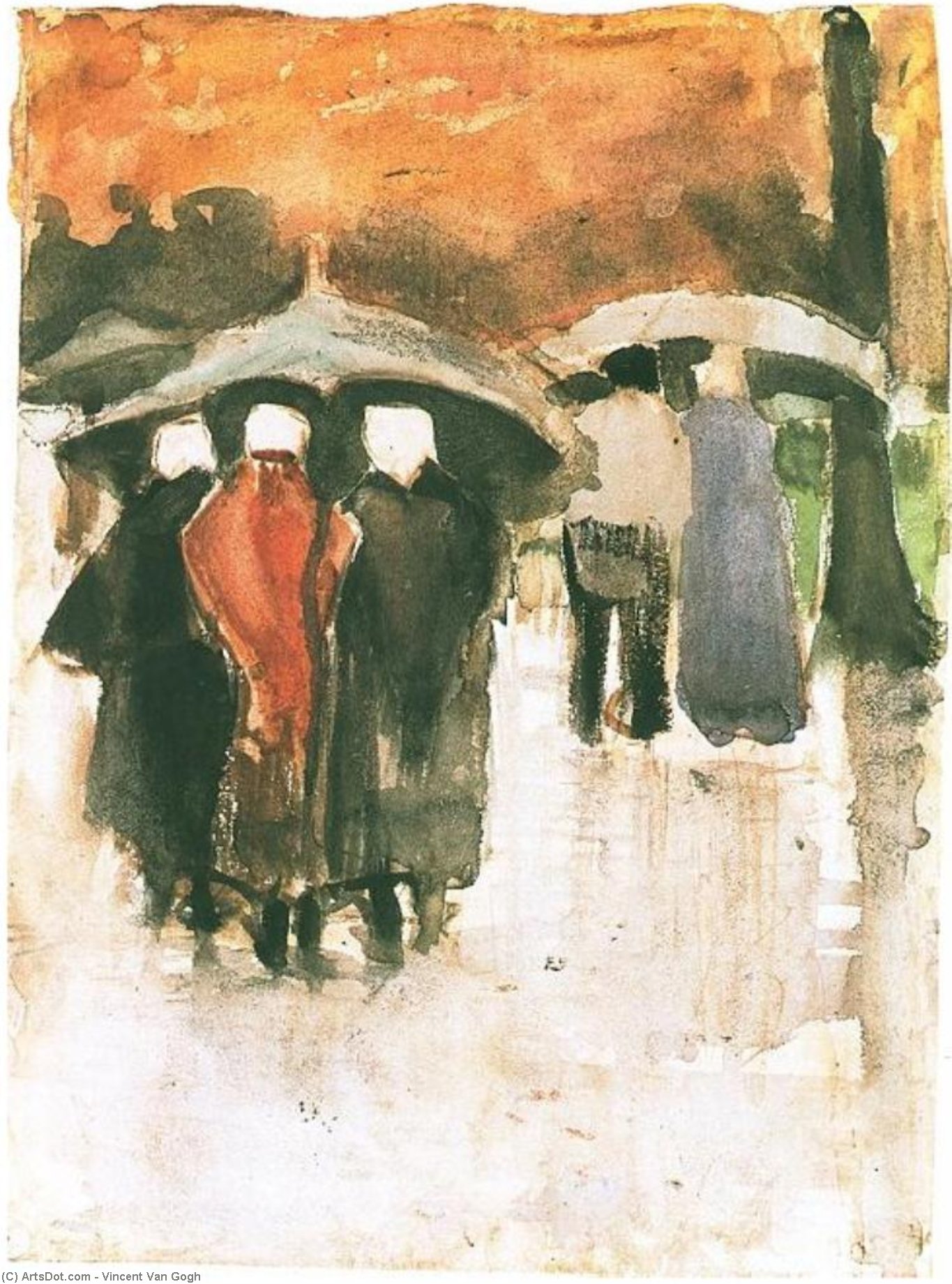 WikiOO.org - Encyclopedia of Fine Arts - Lukisan, Artwork Vincent Van Gogh - Scheveningen Women and Other People Under Umbrellas