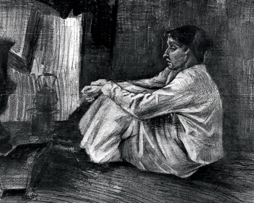 Wikioo.org – L'Encyclopédie des Beaux Arts - Peinture, Oeuvre de Vincent Van Gogh - Sien avec Cigar assis sur le sol près Cuisinière