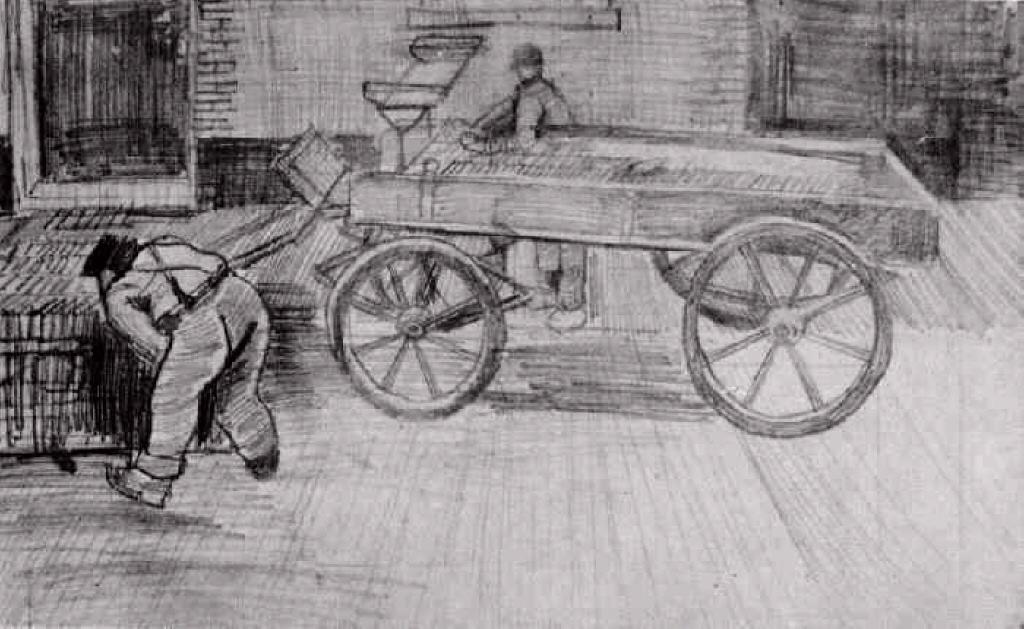 Wikioo.org - The Encyclopedia of Fine Arts - Painting, Artwork by Vincent Van Gogh - Two Men with a Four-Wheeled Wagon