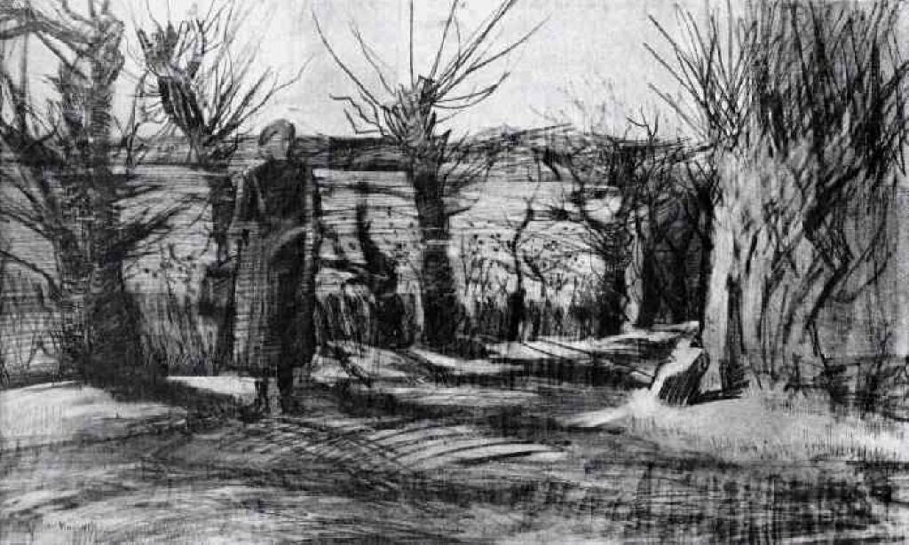 WikiOO.org - Encyclopedia of Fine Arts - Festés, Grafika Vincent Van Gogh - Woman on a Road with Pollard Willows