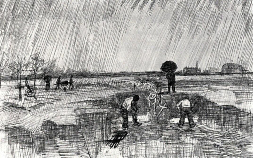 Wikioo.org - Encyklopedia Sztuk Pięknych - Malarstwo, Grafika Vincent Van Gogh - Churchyard in the Rain