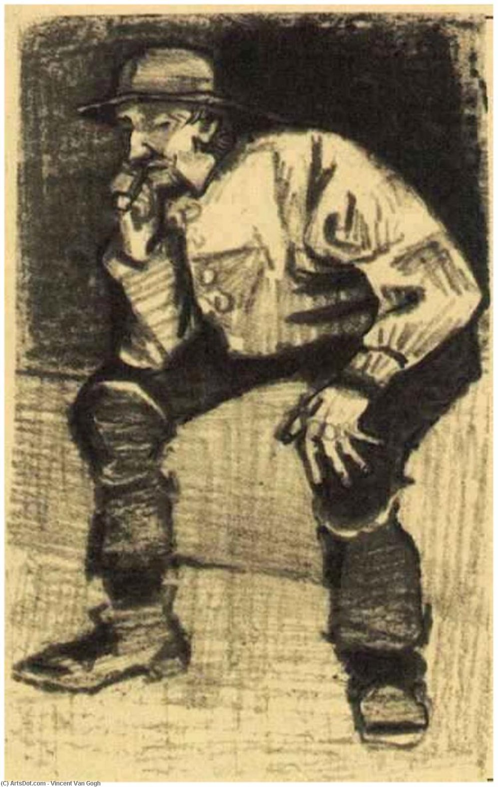 WikiOO.org - 百科事典 - 絵画、アートワーク Vincent Van Gogh - 暴風雨帽と漁師 座っている  と一緒に  パイプ