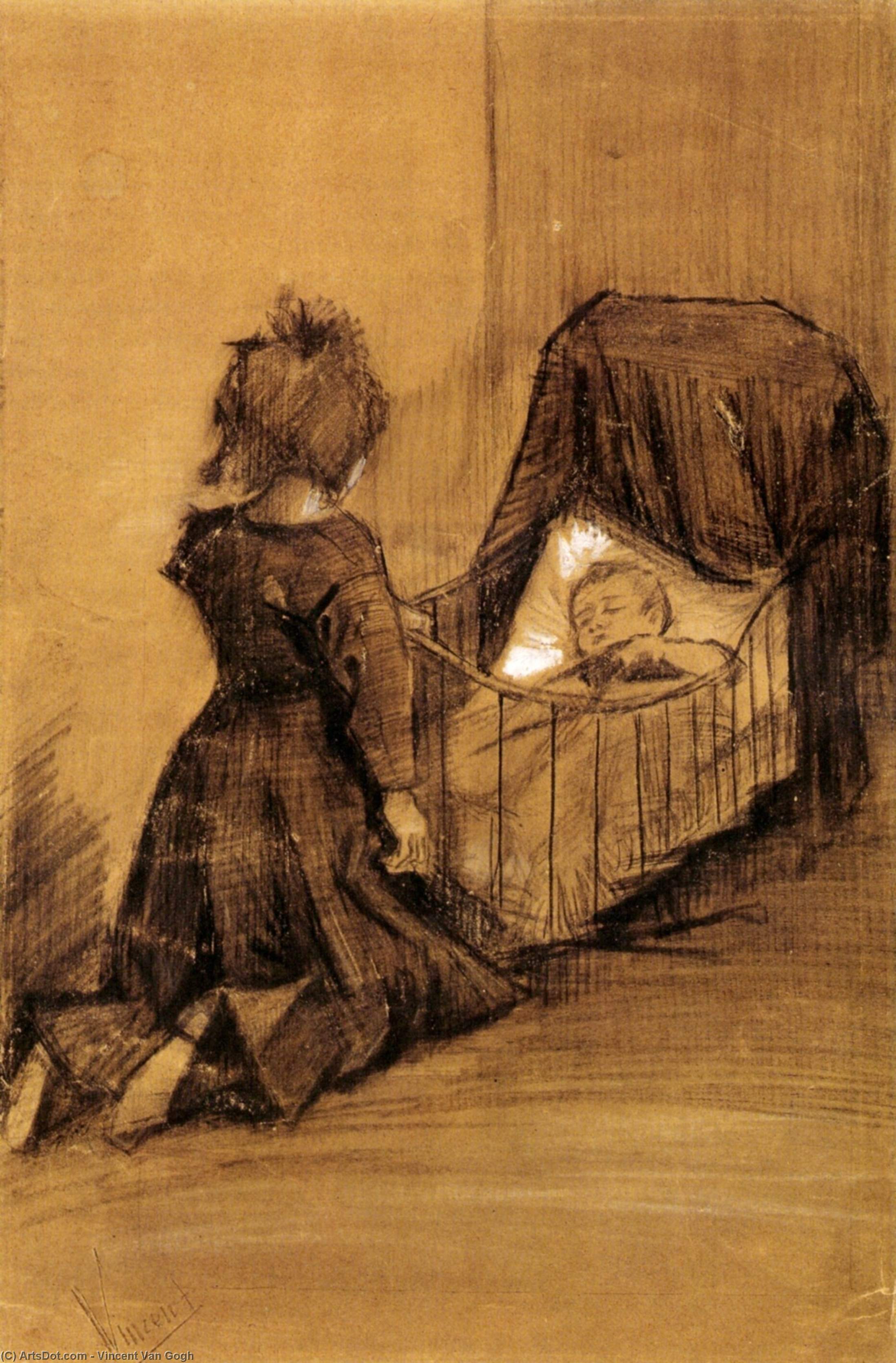 Wikioo.org - The Encyclopedia of Fine Arts - Painting, Artwork by Vincent Van Gogh - Girl Kneeling by a Cradle