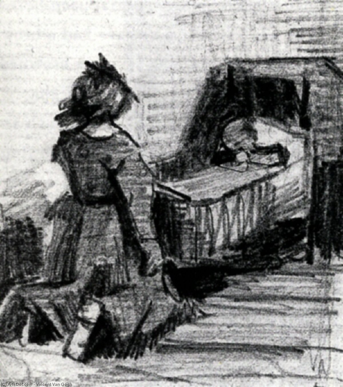 WikiOO.org - Encyclopedia of Fine Arts - Lukisan, Artwork Vincent Van Gogh - Girl Kneeling in Front of a Cradle