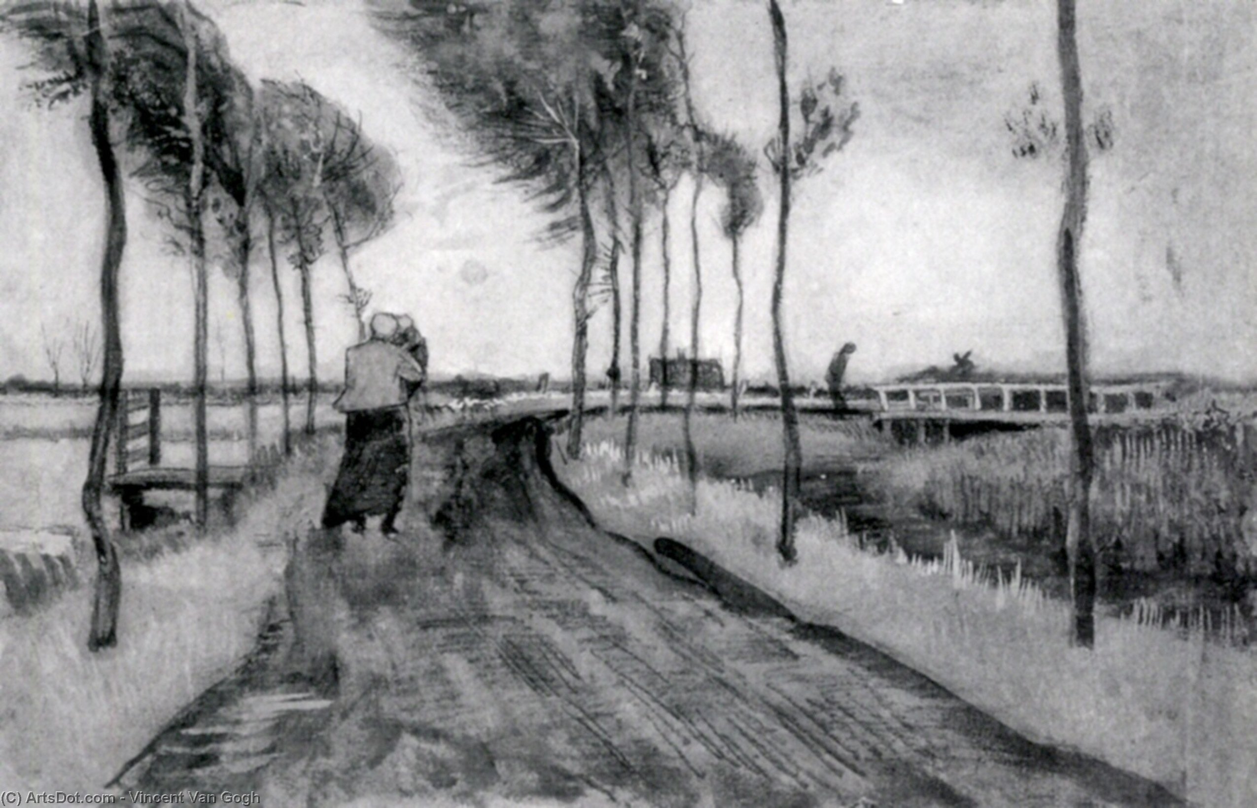 WikiOO.org - Encyclopedia of Fine Arts - Festés, Grafika Vincent Van Gogh - Landscape with Woman Walking