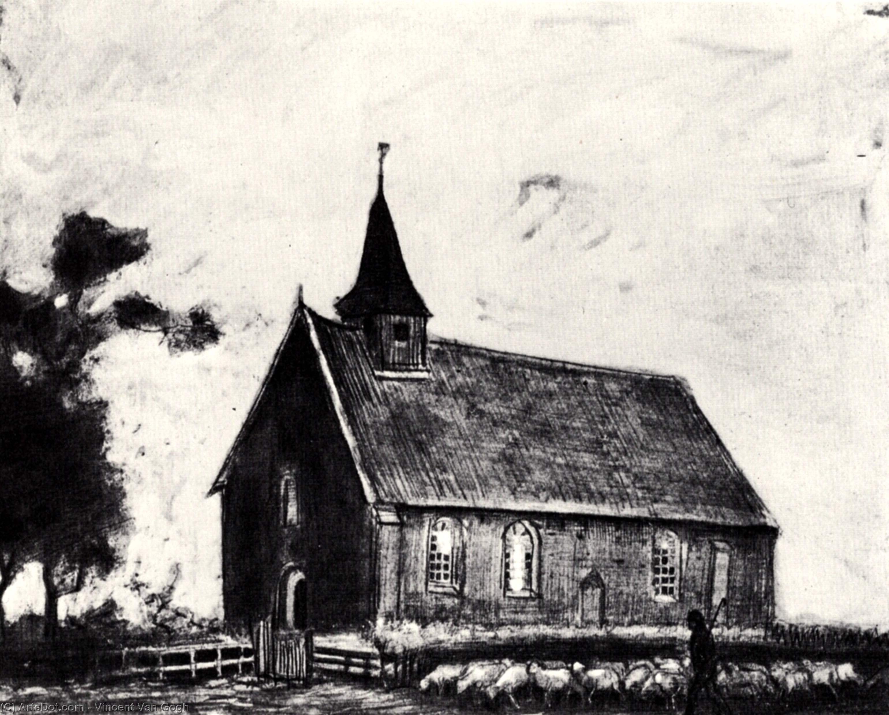 WikiOO.org - Enciklopedija likovnih umjetnosti - Slikarstvo, umjetnička djela Vincent Van Gogh - Shepherd with Flock near a Little Church at Zweeloo