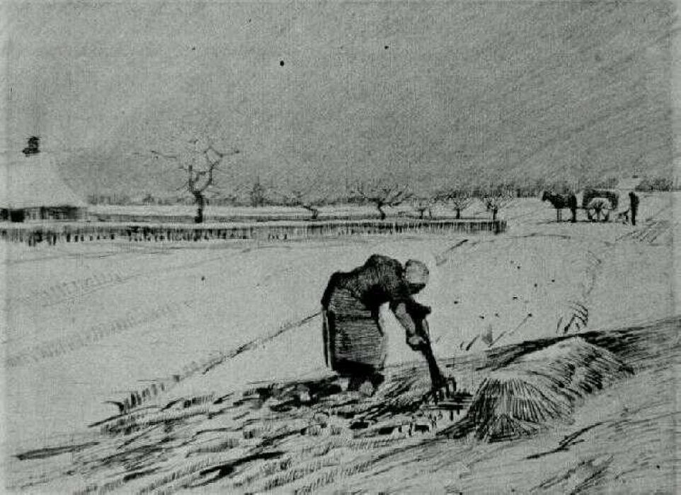 WikiOO.org - Enciklopedija likovnih umjetnosti - Slikarstvo, umjetnička djela Vincent Van Gogh - Snowy Landscape with Stooping Woman