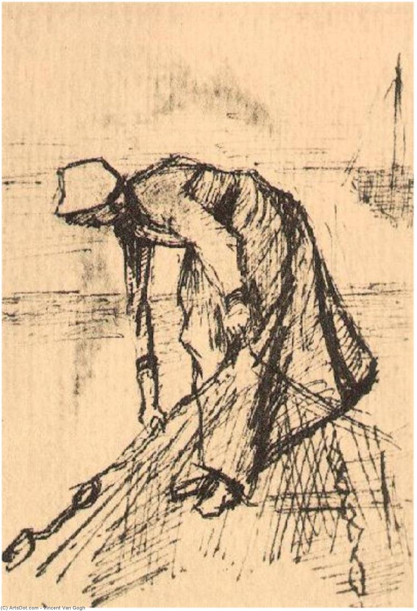 Wikoo.org - موسوعة الفنون الجميلة - اللوحة، العمل الفني Vincent Van Gogh - Stooping Woman with Net