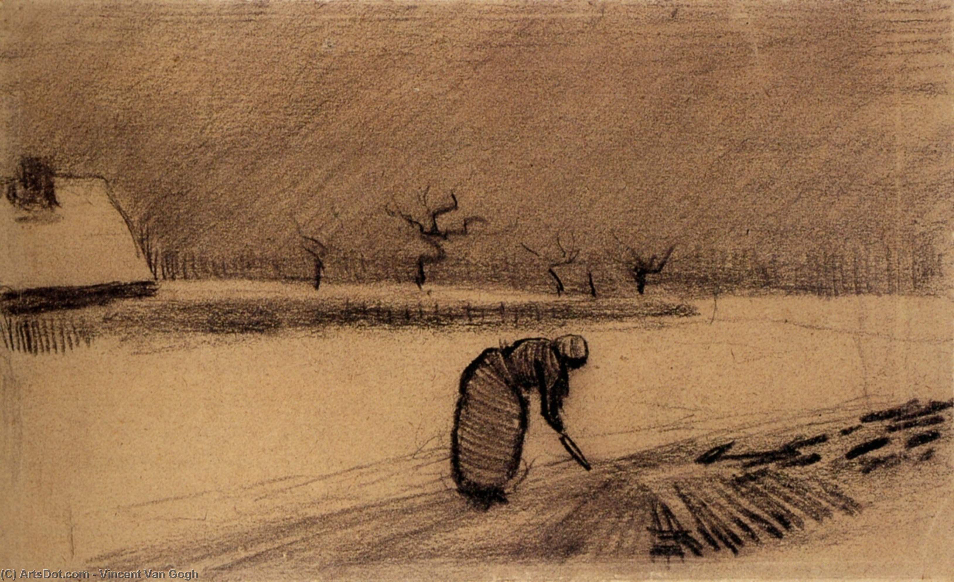WikiOO.org - Güzel Sanatlar Ansiklopedisi - Resim, Resimler Vincent Van Gogh - Woman with a Fork in a Winter Landscape
