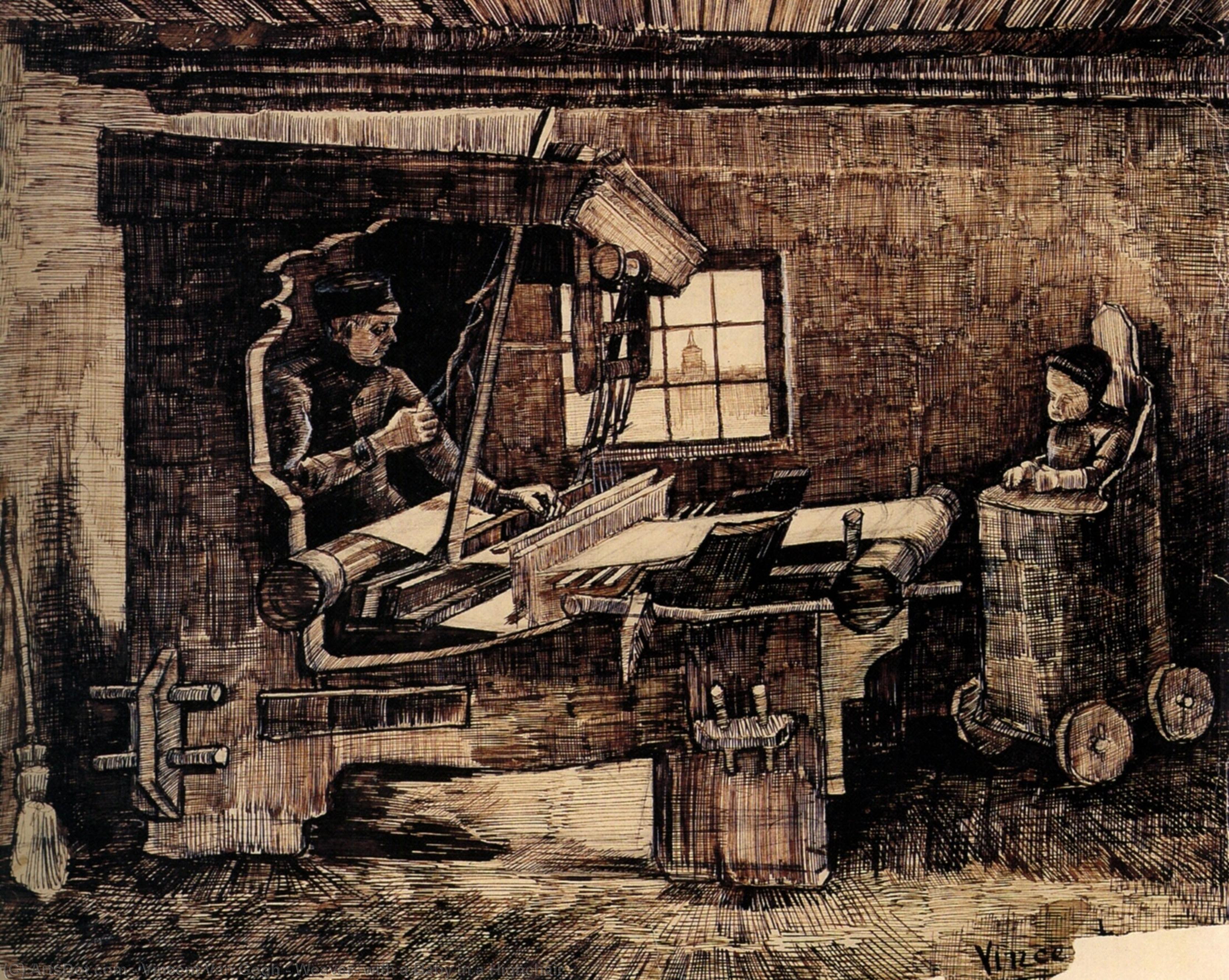 Wikioo.org – L'Enciclopedia delle Belle Arti - Pittura, Opere di Vincent Van Gogh - Tessitore con  Un  bambino  come  Un  Seggiolone