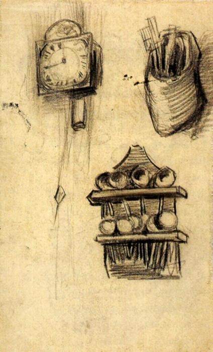 WikiOO.org - Enciklopedija likovnih umjetnosti - Slikarstvo, umjetnička djela Vincent Van Gogh - Clock, Clog with Cutlery and a Spoon Rack
