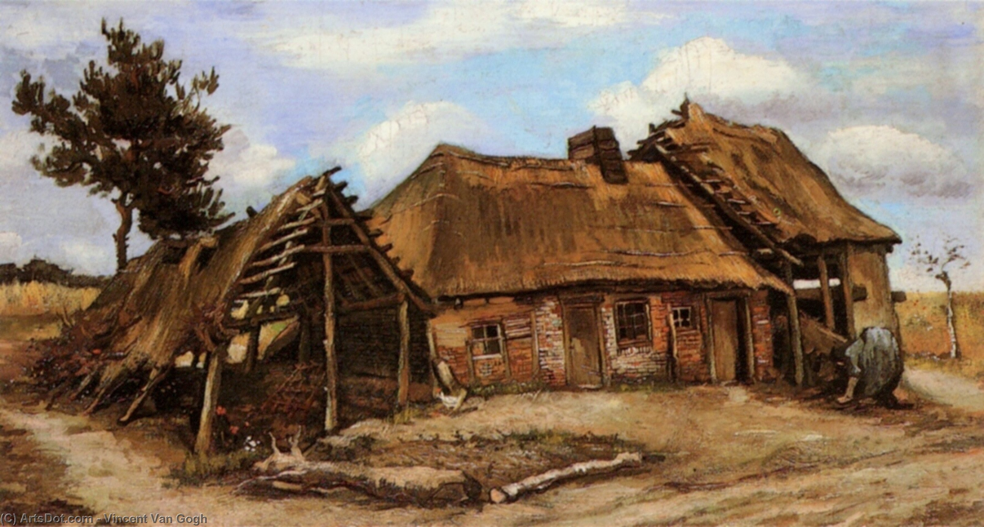 Wikioo.org - The Encyclopedia of Fine Arts - Painting, Artwork by Vincent Van Gogh - Cottage with Decrepit Barn and Stooping Woman