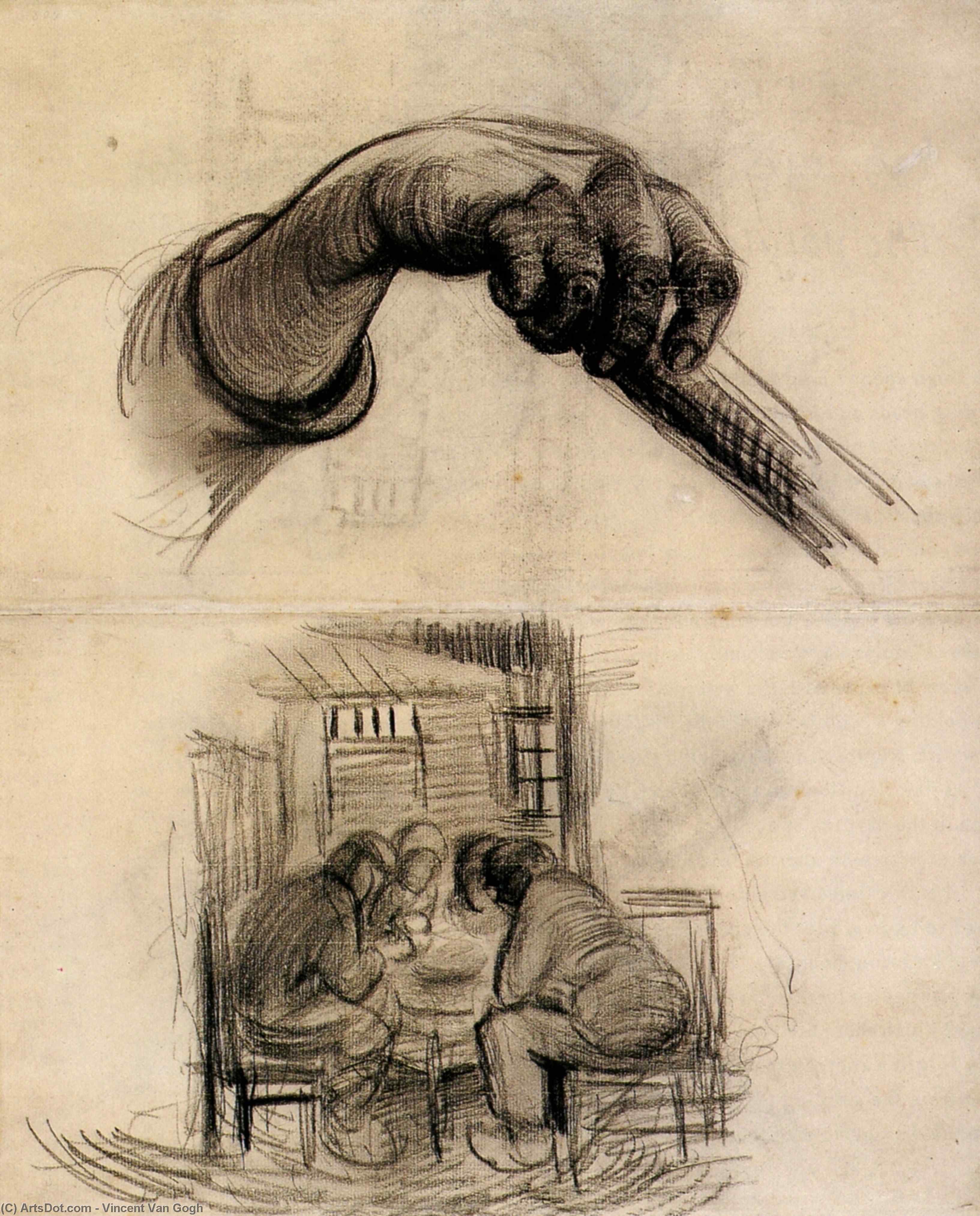 WikiOO.org - Εγκυκλοπαίδεια Καλών Τεχνών - Ζωγραφική, έργα τέχνης Vincent Van Gogh - Hand with a Stick, and Four People Sharing a Meal