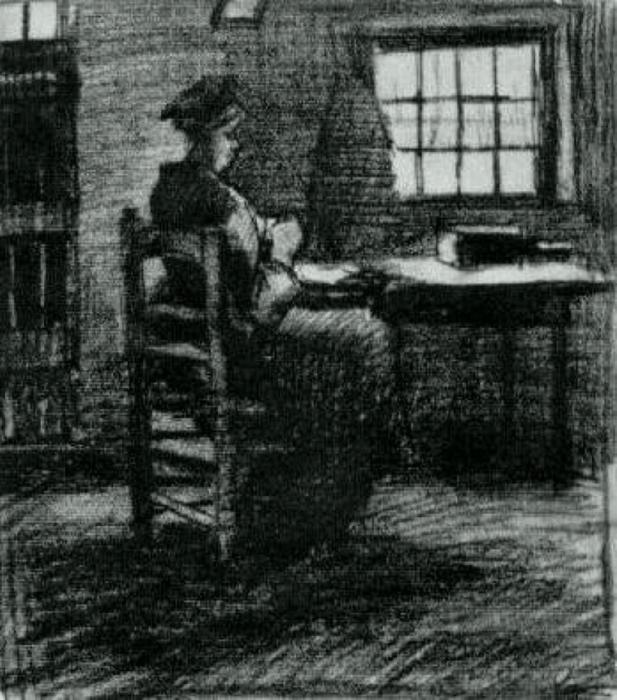 WikiOO.org - Güzel Sanatlar Ansiklopedisi - Resim, Resimler Vincent Van Gogh - Interior with Peasant Woman Sewing