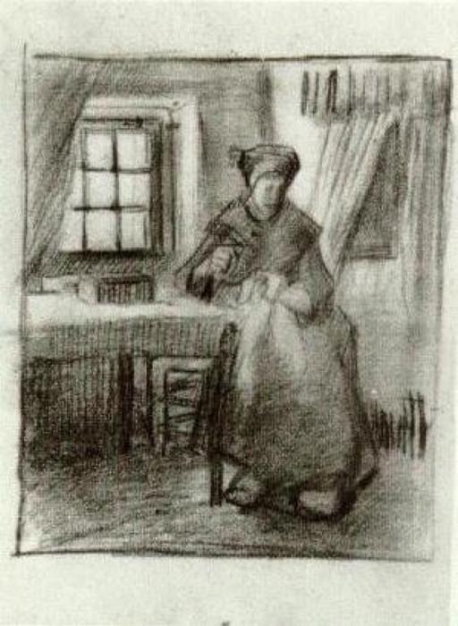 WikiOO.org - Enciclopedia of Fine Arts - Pictura, lucrări de artă Vincent Van Gogh - Interior with Peasant Woman Sewing
