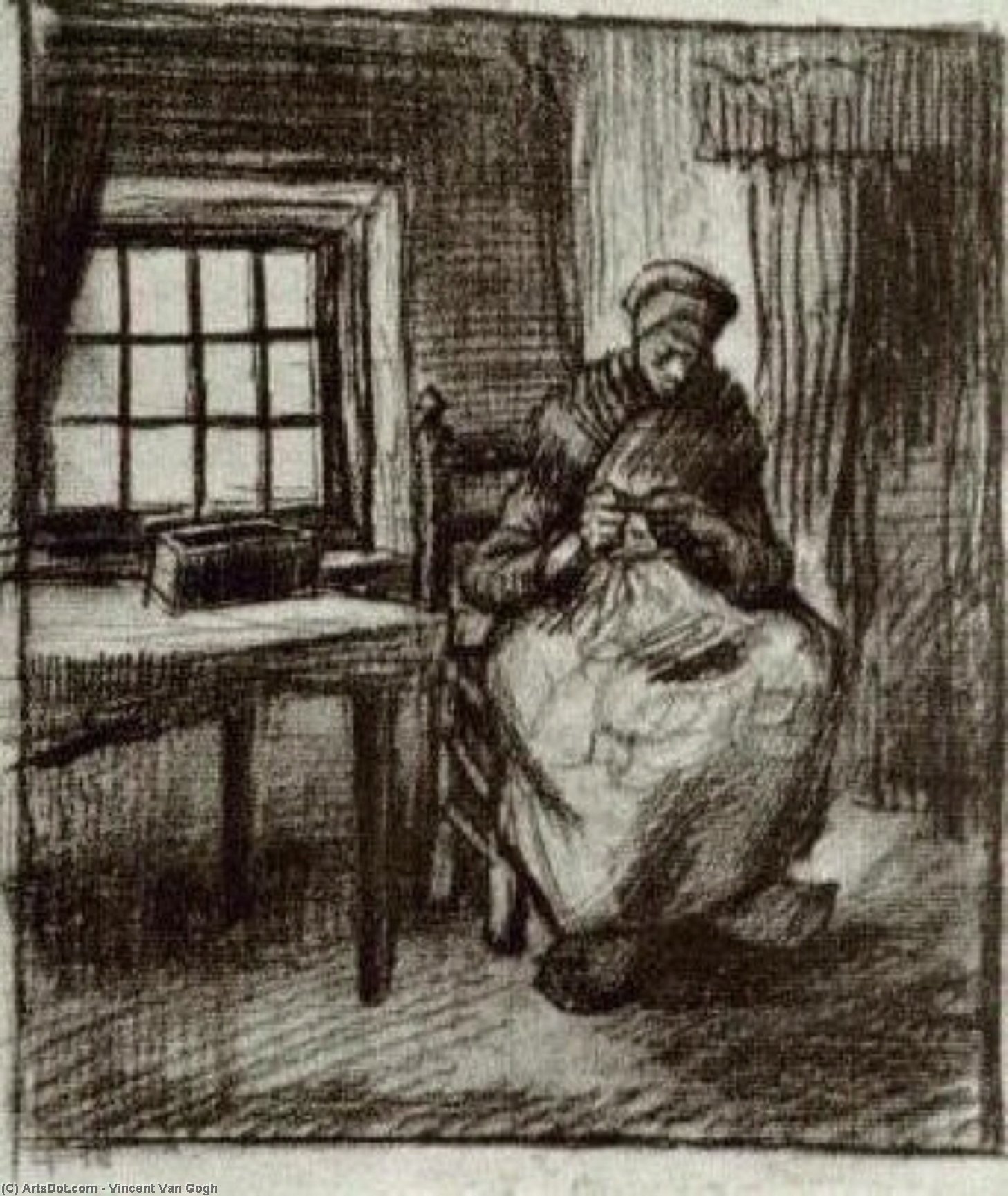 WikiOO.org - Encyclopedia of Fine Arts - Lukisan, Artwork Vincent Van Gogh - Interior with Peasant Woman Sewing
