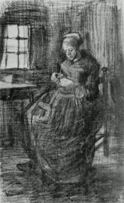 Wikioo.org - The Encyclopedia of Fine Arts - Painting, Artwork by Vincent Van Gogh - Interior with Peasant Woman Sewing