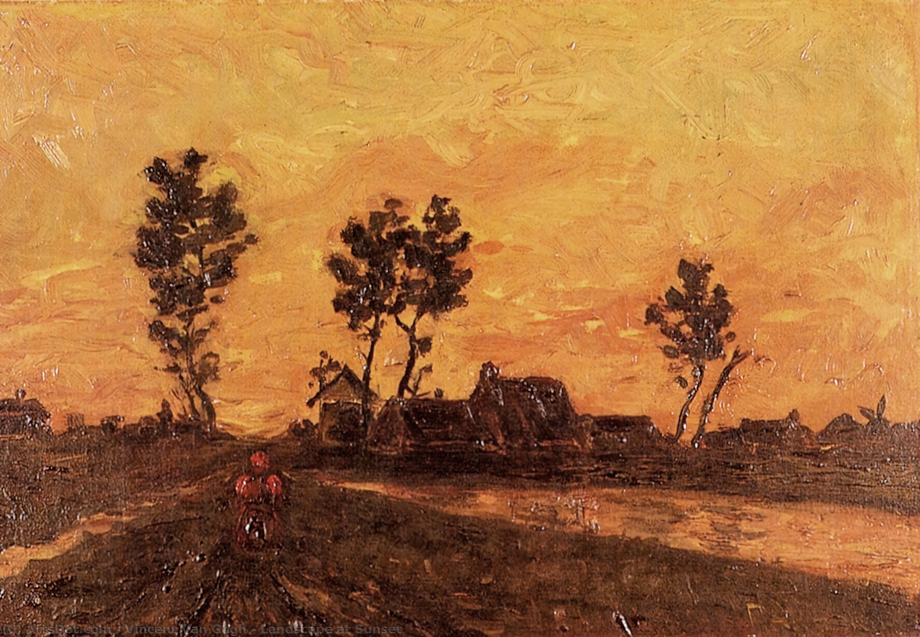 WikiOO.org - Encyclopedia of Fine Arts - Lukisan, Artwork Vincent Van Gogh - Landscape at Sunset