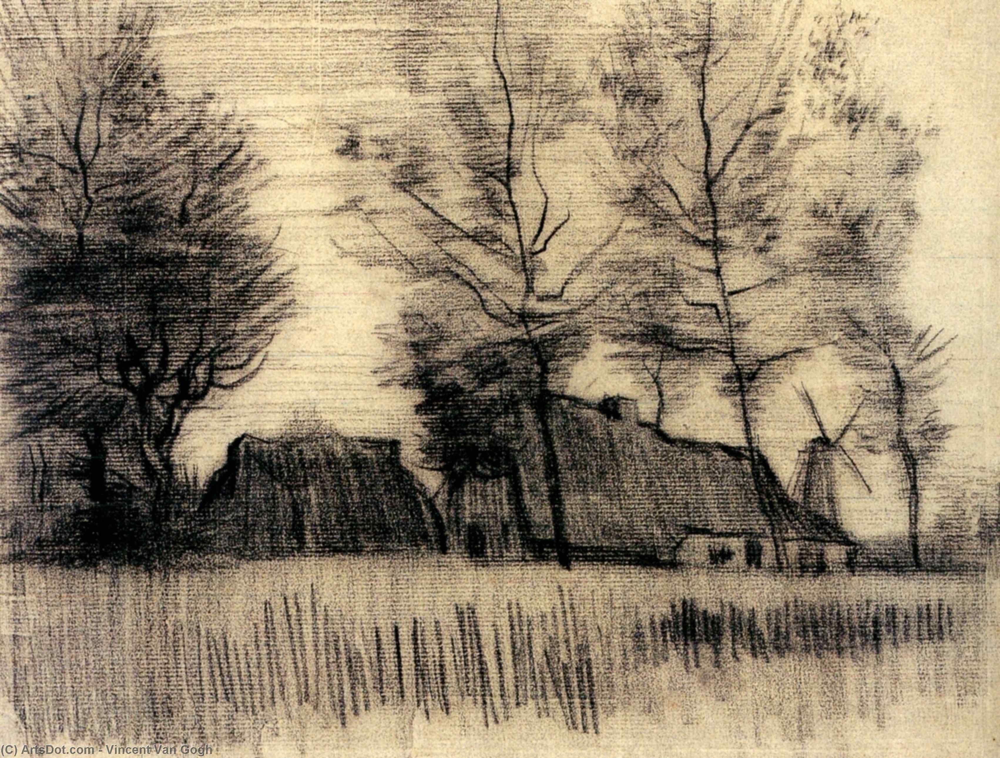 WikiOO.org - Encyclopedia of Fine Arts - Lukisan, Artwork Vincent Van Gogh - Landscape with Cottages and a Mill