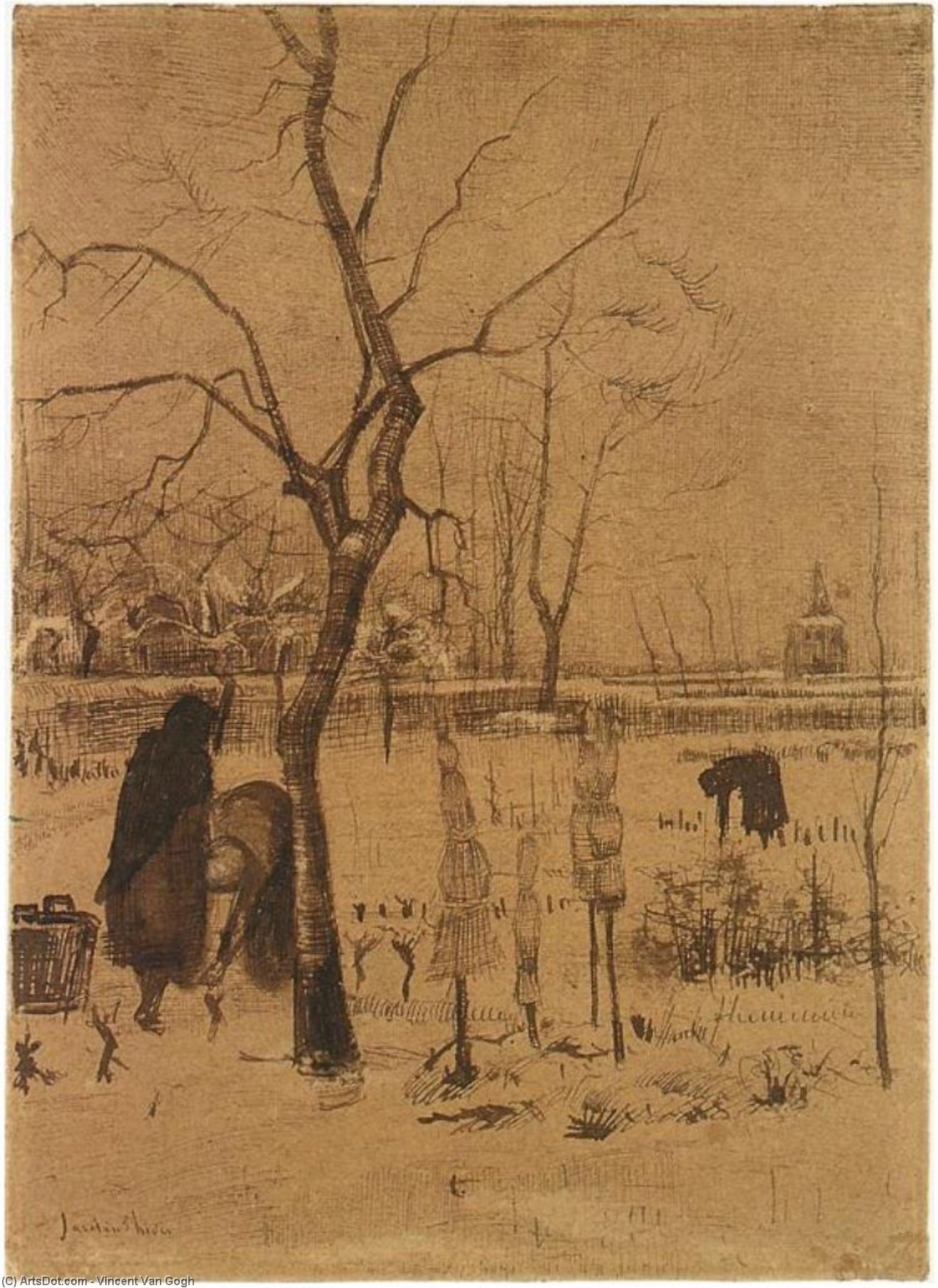 WikiOO.org - Енциклопедия за изящни изкуства - Живопис, Произведения на изкуството Vincent Van Gogh - Parsonage Garden in the Snow with Three Figures