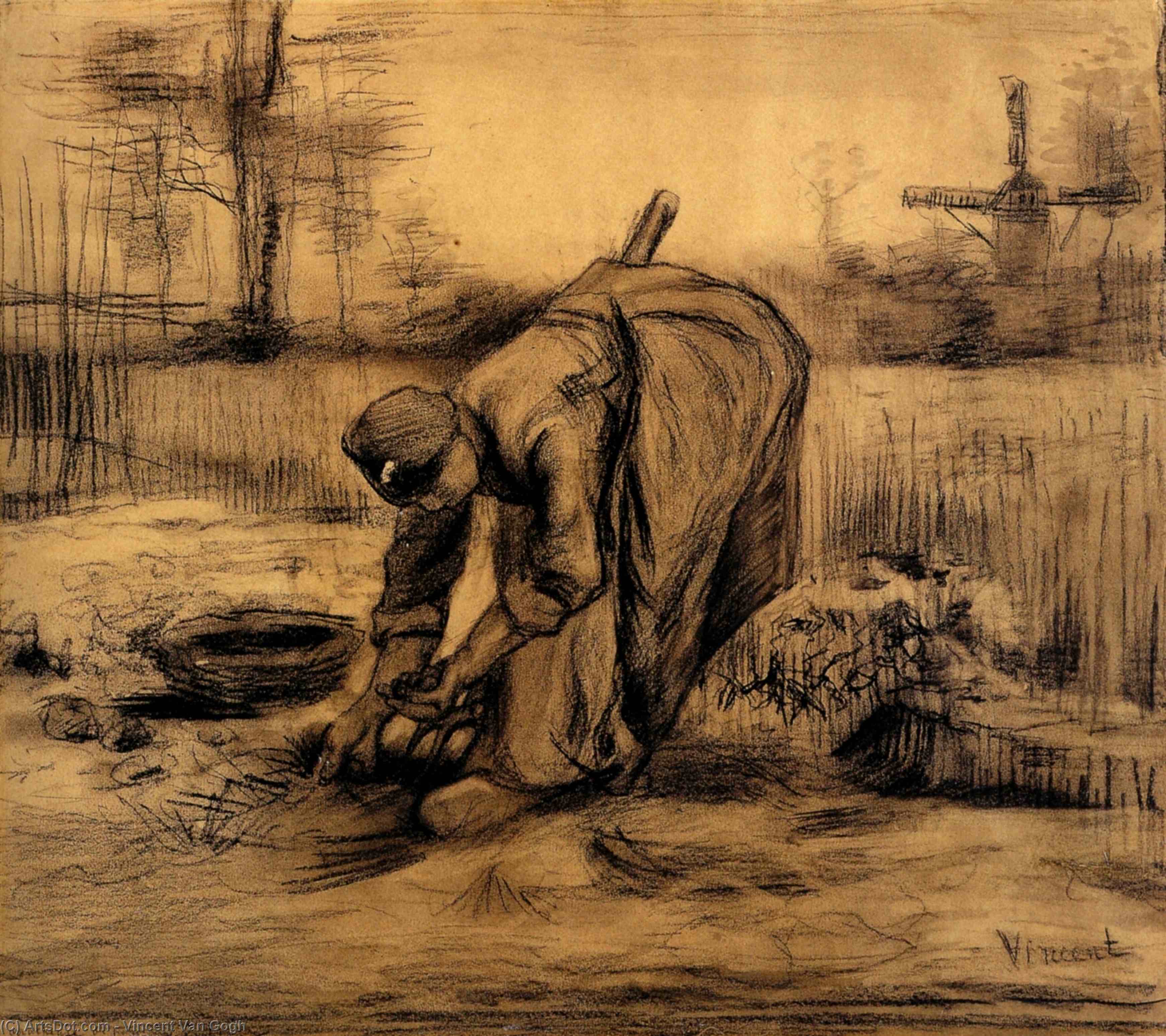 Wikoo.org - موسوعة الفنون الجميلة - اللوحة، العمل الفني Vincent Van Gogh - Peasant Woman Lifting Potatoes