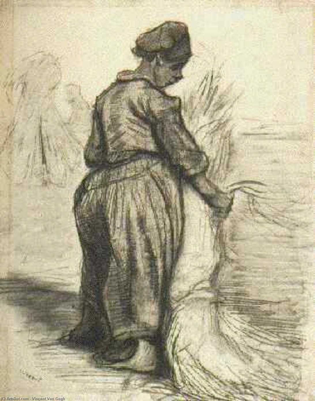 Wikioo.org - The Encyclopedia of Fine Arts - Painting, Artwork by Vincent Van Gogh - Peasant Woman, Binding a Sheaf of Grain