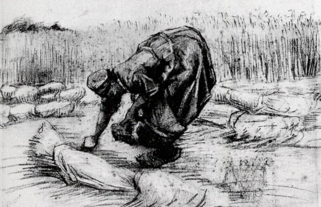 WikiOO.org - Enciclopedia of Fine Arts - Pictura, lucrări de artă Vincent Van Gogh - Peasant Woman, Stooping between Sheaves of Grain