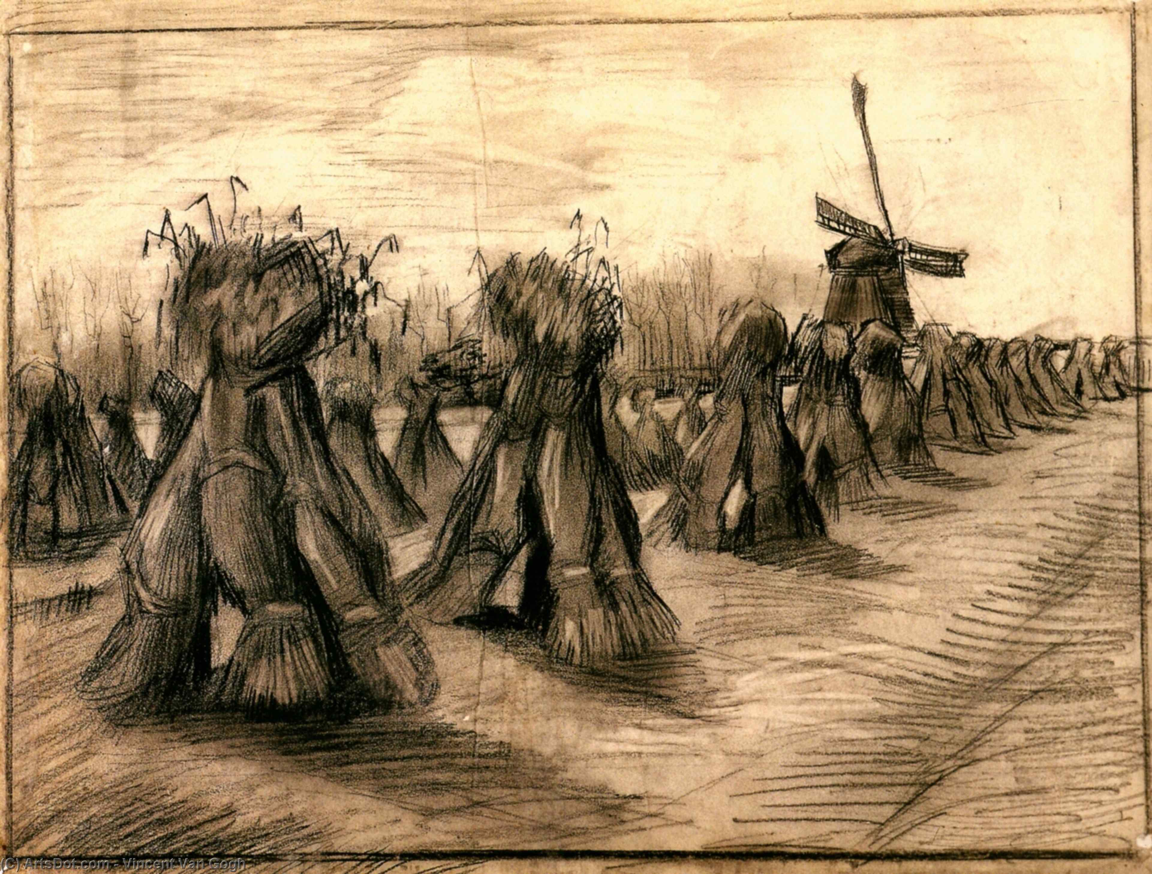 WikiOO.org - Enciklopedija likovnih umjetnosti - Slikarstvo, umjetnička djela Vincent Van Gogh - Wheat Field with Sheaves and a Windmill