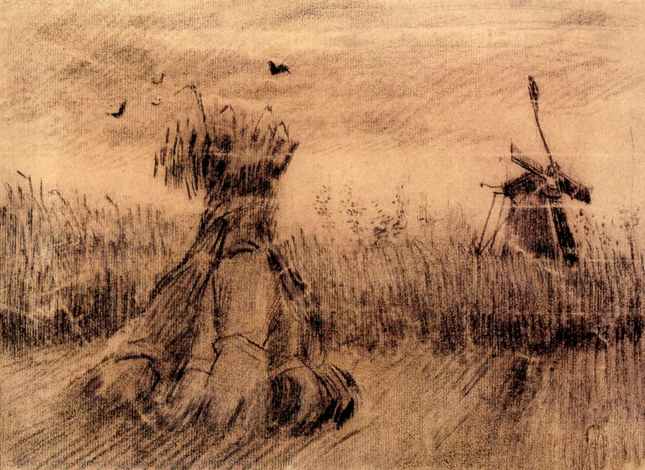 Wikioo.org - Bách khoa toàn thư về mỹ thuật - Vẽ tranh, Tác phẩm nghệ thuật Vincent Van Gogh - Wheatfield with a Stook and a Mill