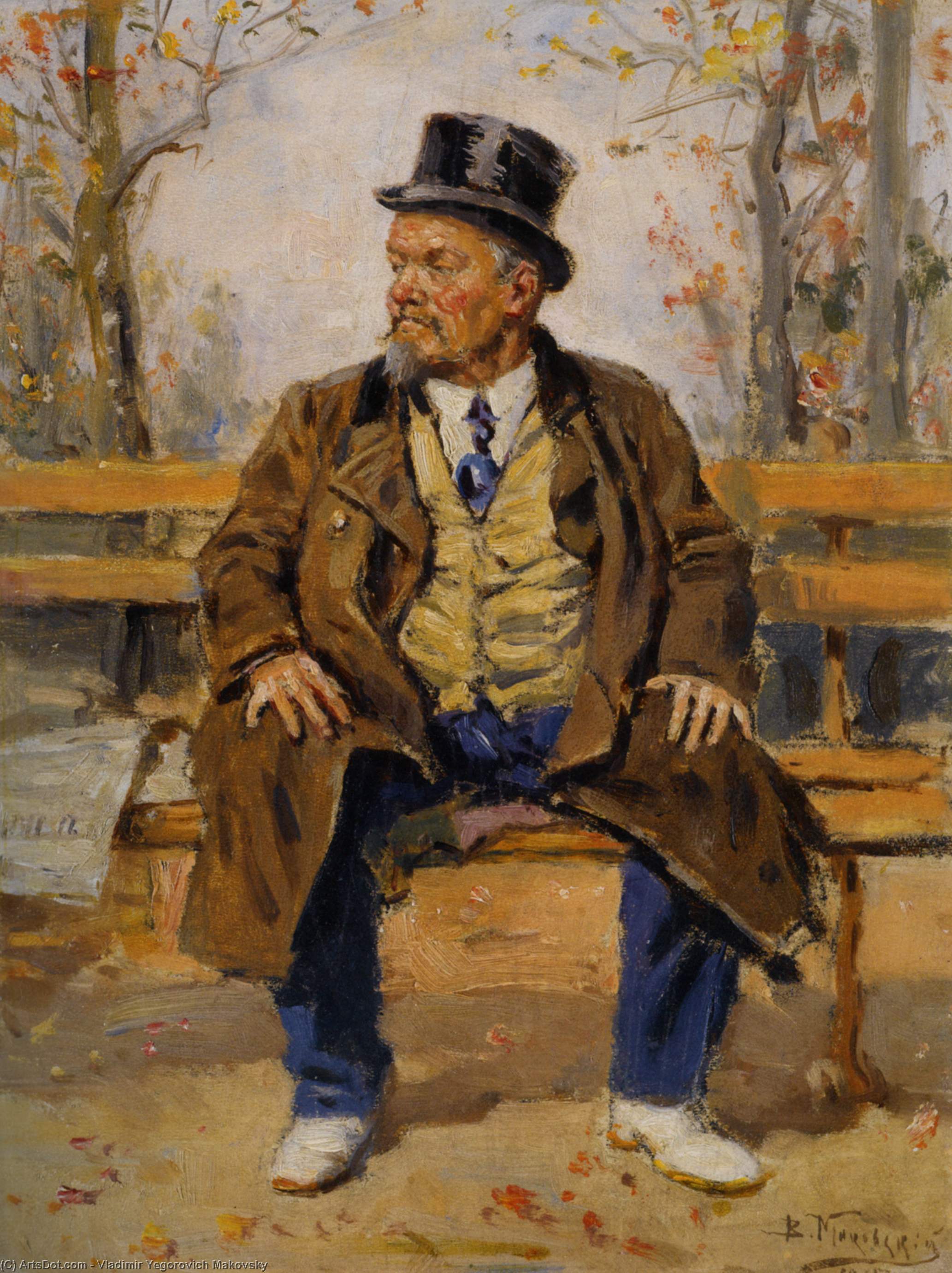 Wikioo.org - The Encyclopedia of Fine Arts - Painting, Artwork by Vladimir Yegorovich Makovsky - Portrait of a man sitting on a park bench