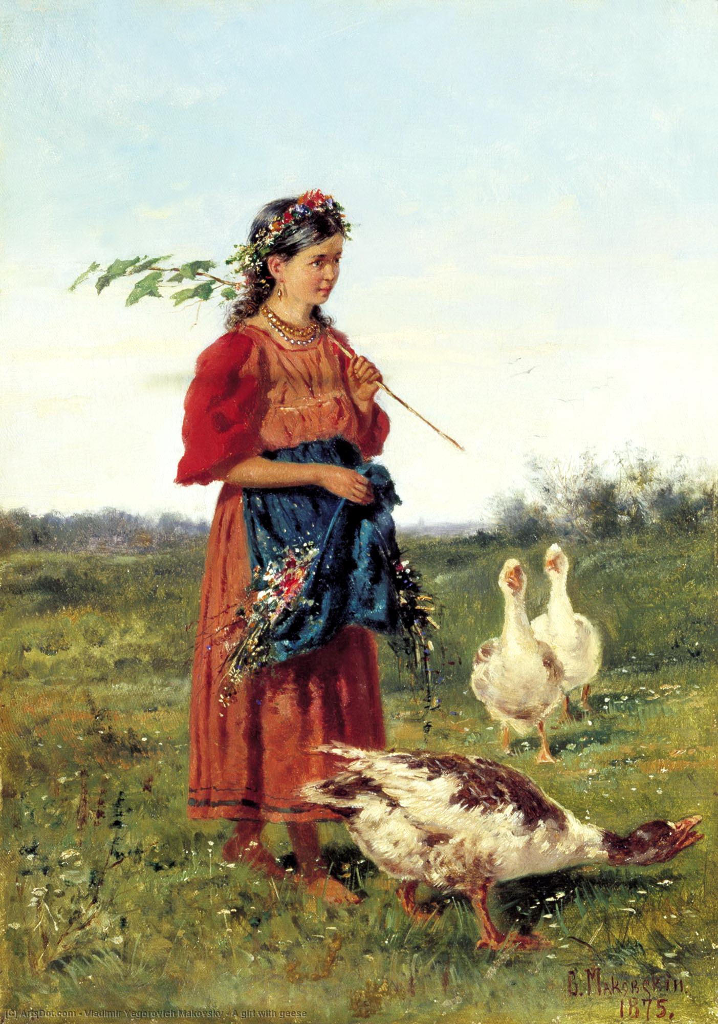Wikioo.org - The Encyclopedia of Fine Arts - Painting, Artwork by Vladimir Yegorovich Makovsky - A girl with geese