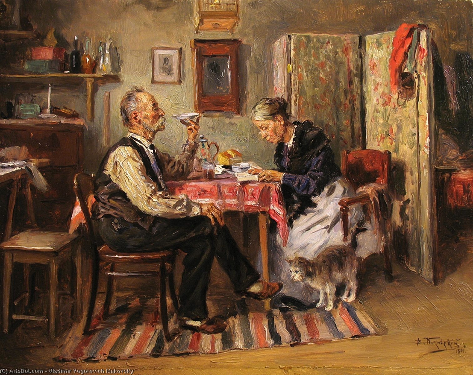 Wikioo.org - The Encyclopedia of Fine Arts - Painting, Artwork by Vladimir Yegorovich Makovsky - Morning tea