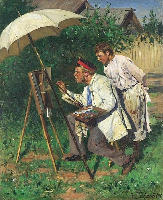 Wikioo.org – L'Encyclopédie des Beaux Arts - Peinture, Oeuvre de Vladimir Yegorovich Makovsky - le artiste et ​​ à l apprenti