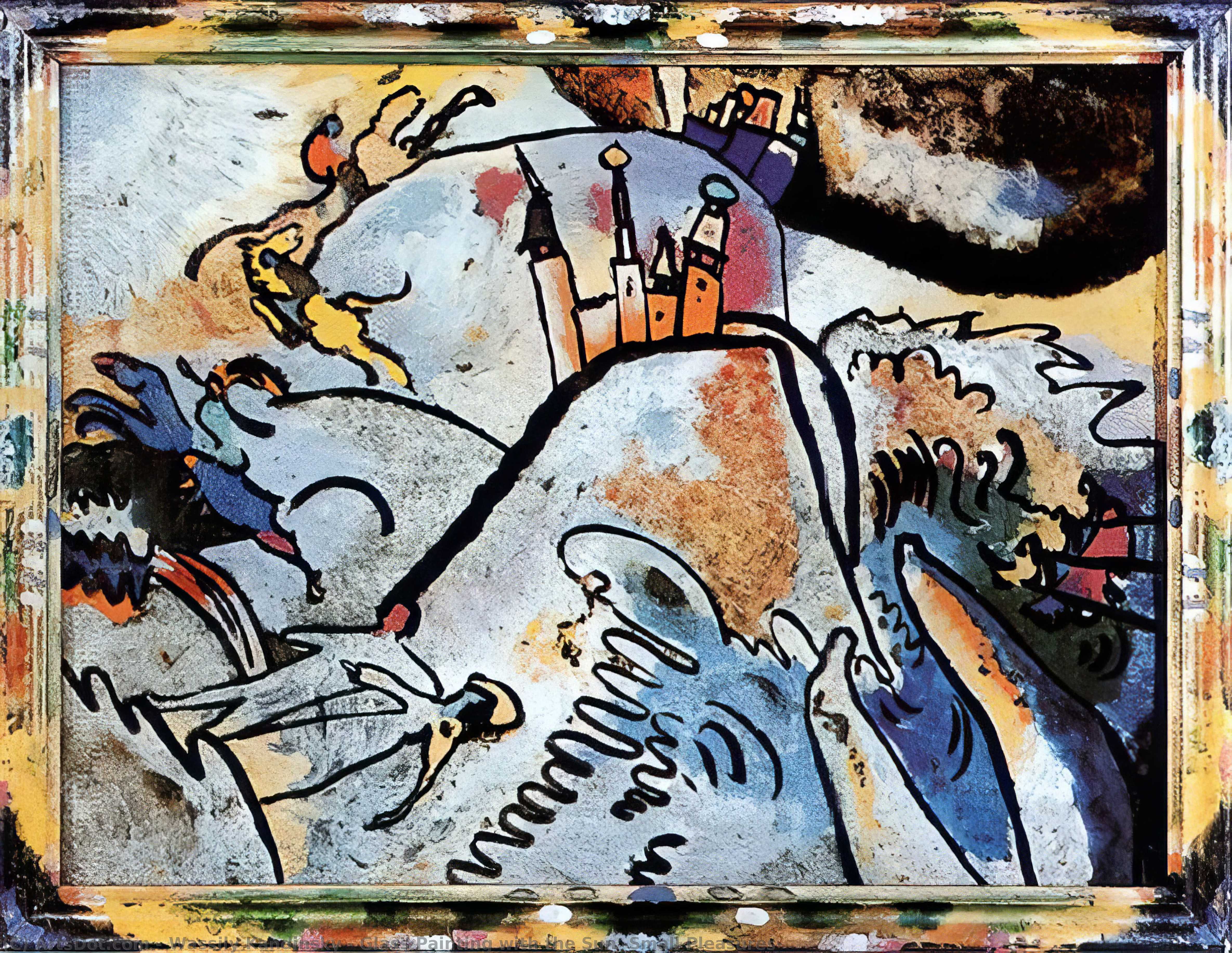 Wikioo.org – La Enciclopedia de las Bellas Artes - Pintura, Obras de arte de Wassily Kandinsky - pintura de vidrio con el sol ( pequeños placeres )