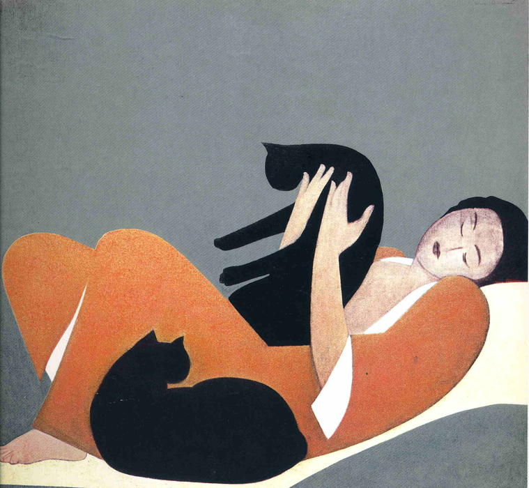 Wikoo.org - موسوعة الفنون الجميلة - اللوحة، العمل الفني Will Barnet - Woman and Cats