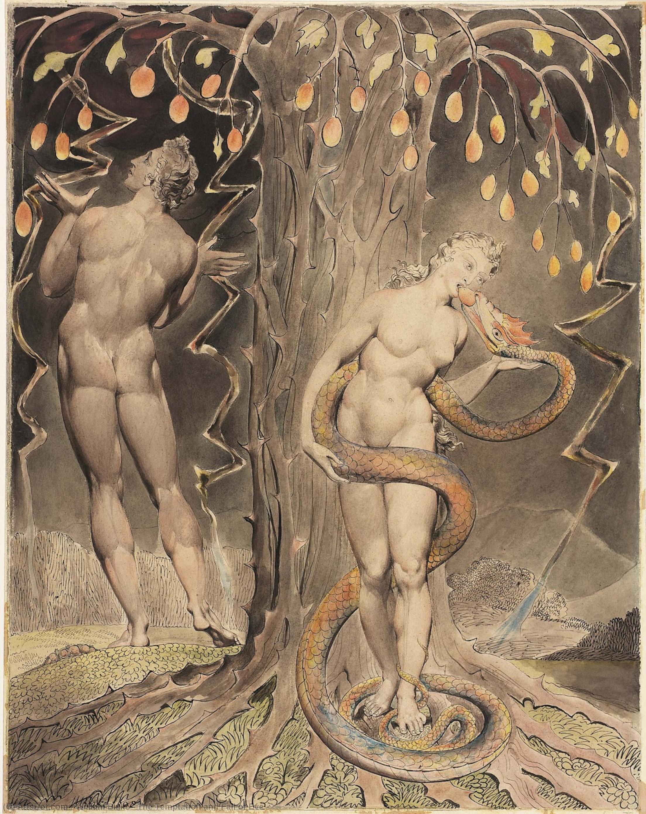 Wikoo.org - موسوعة الفنون الجميلة - اللوحة، العمل الفني William Blake - The Temptation and Fall of Eve