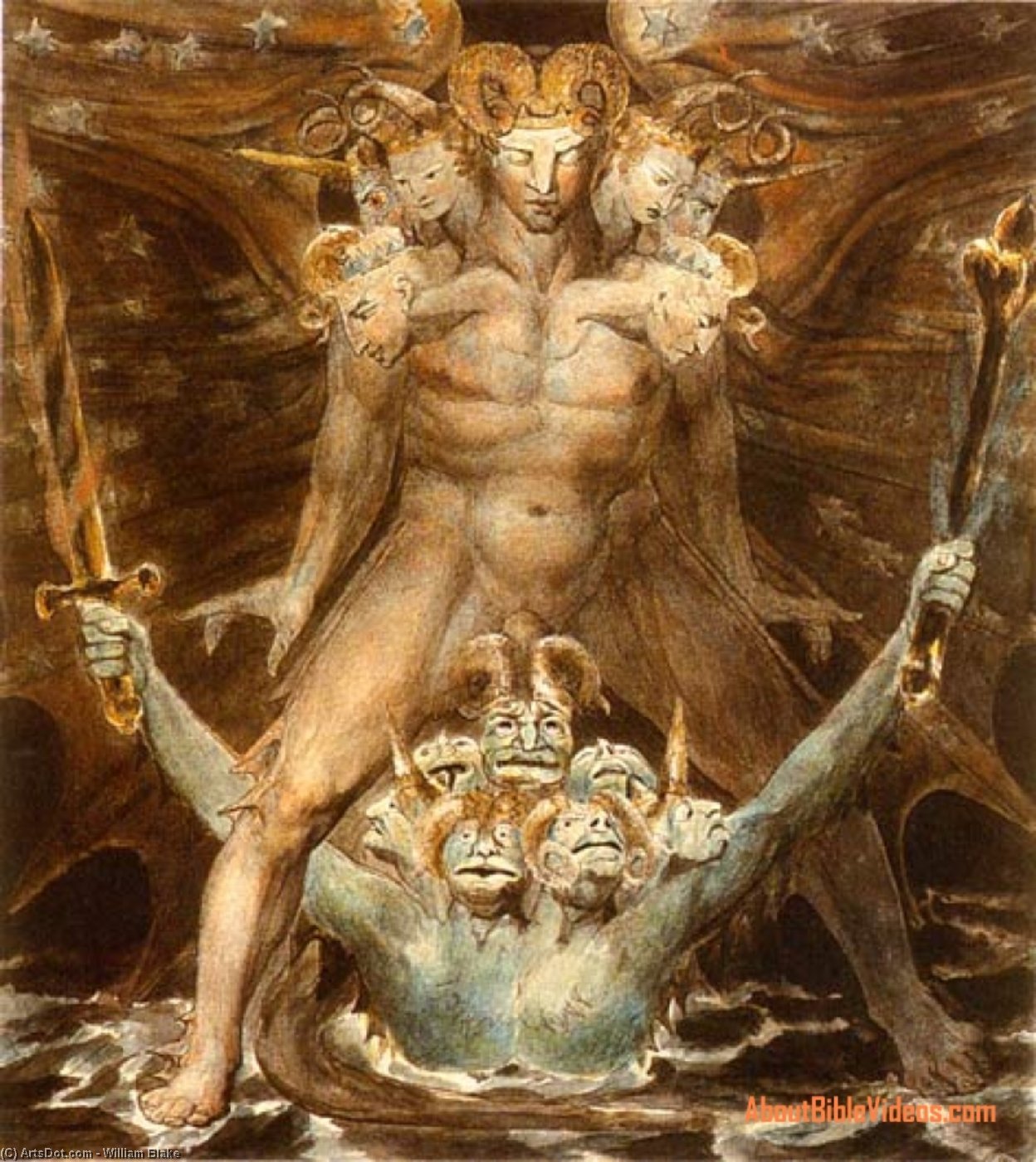 Wikoo.org - موسوعة الفنون الجميلة - اللوحة، العمل الفني William Blake - The Great Red Dragon and the Beast from the Sea