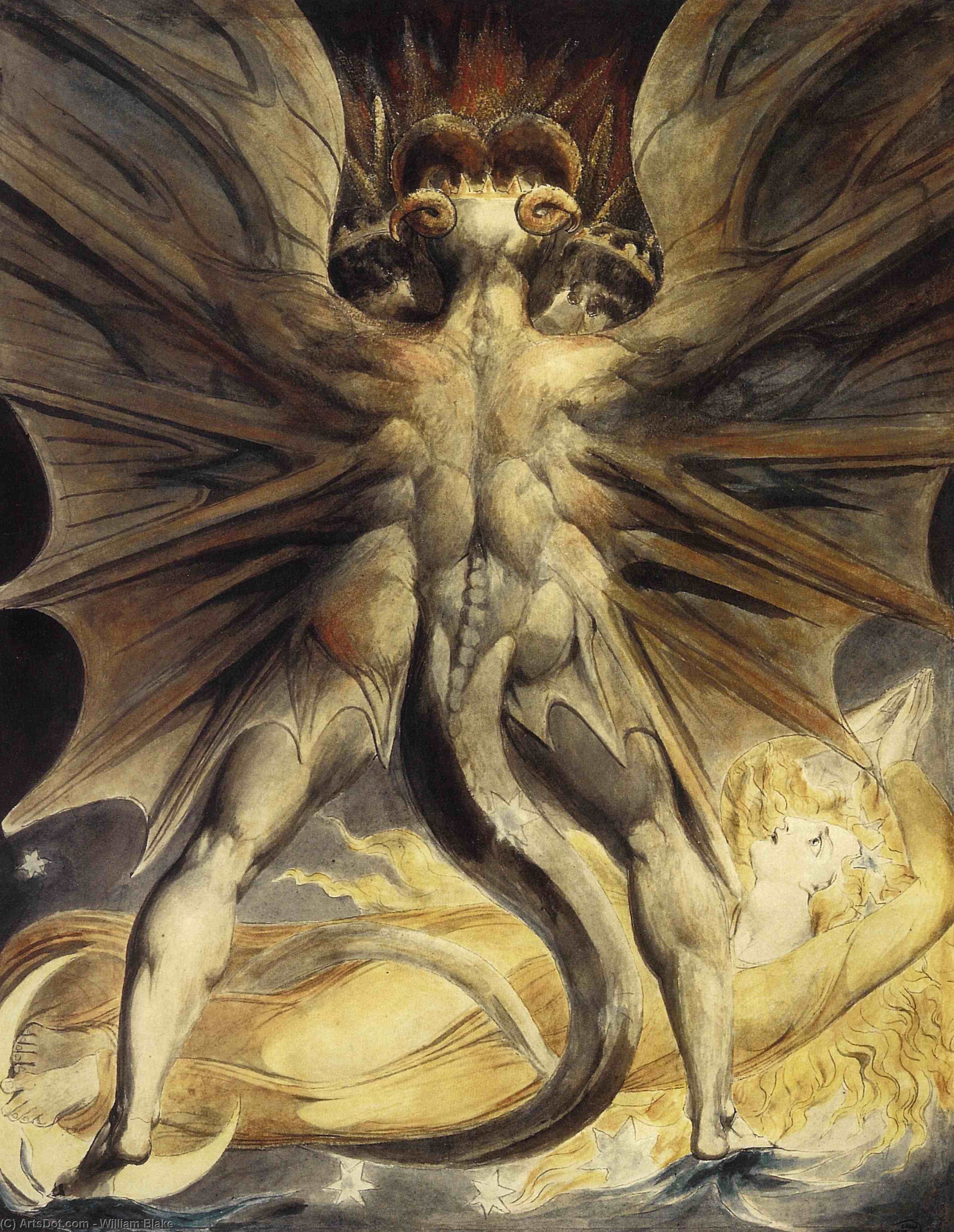 WikiOO.org - Энциклопедия изобразительного искусства - Живопись, Картины  William Blake - на красном Дракон и чем женщина облеченная с солнце