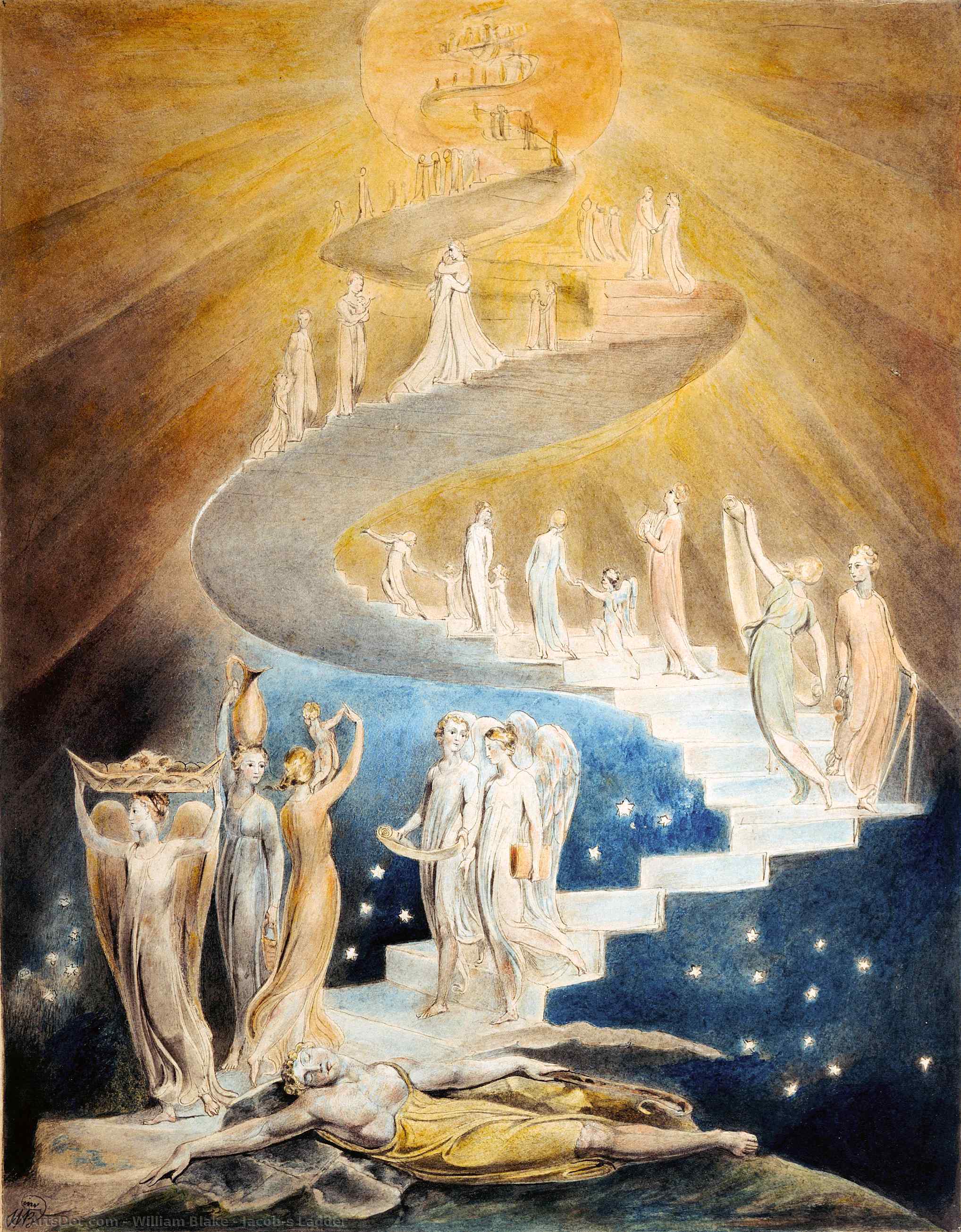 Wikioo.org – La Enciclopedia de las Bellas Artes - Pintura, Obras de arte de William Blake - La escalera de Jacob