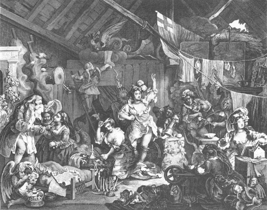 WikiOO.org - Енциклопедия за изящни изкуства - Живопис, Произведения на изкуството William Hogarth - Strolling Actresses Dressing in Barn