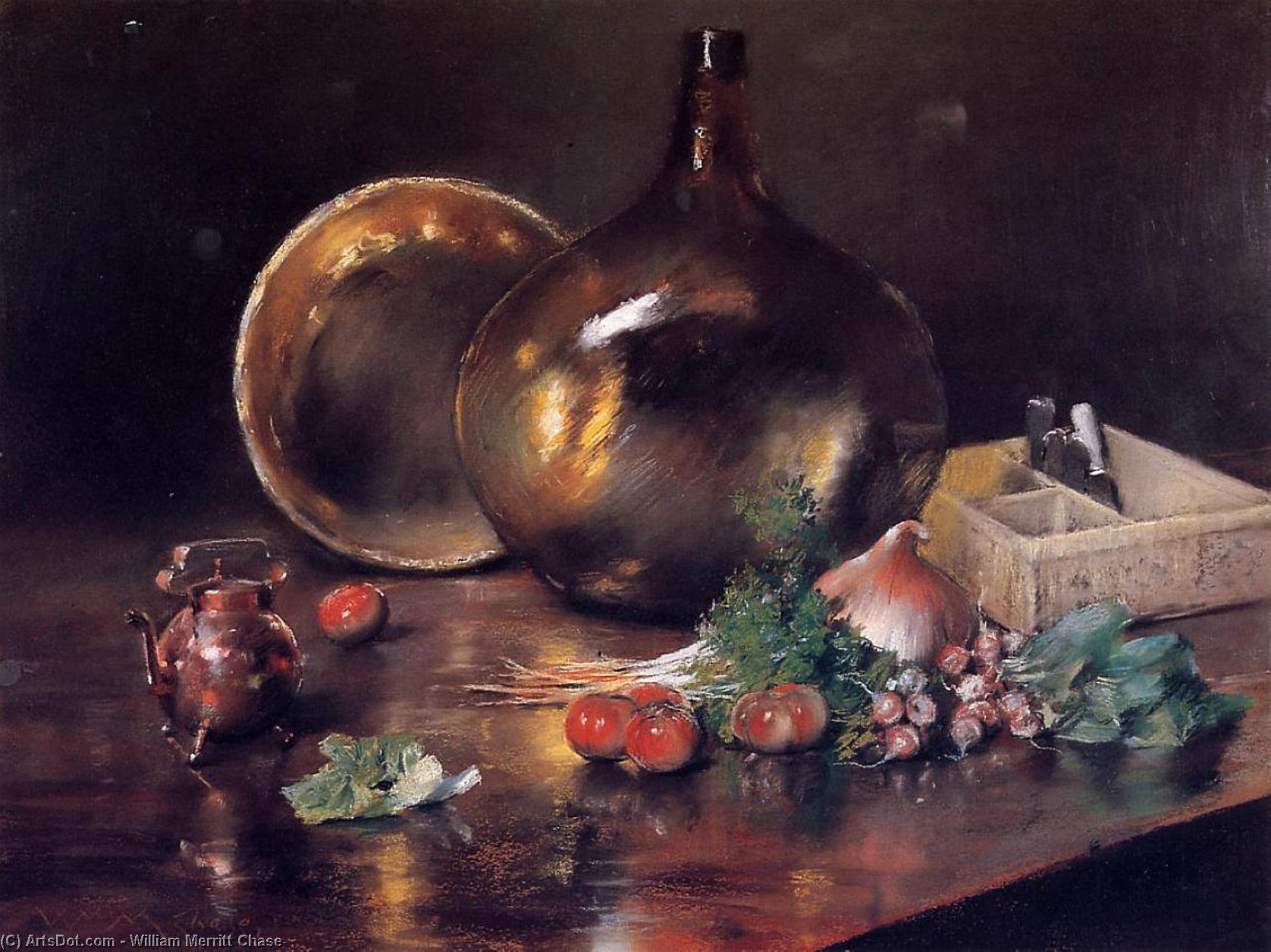 Wikioo.org – L'Enciclopedia delle Belle Arti - Pittura, Opere di William Merritt Chase - natura morta -   ottone  e le  dei