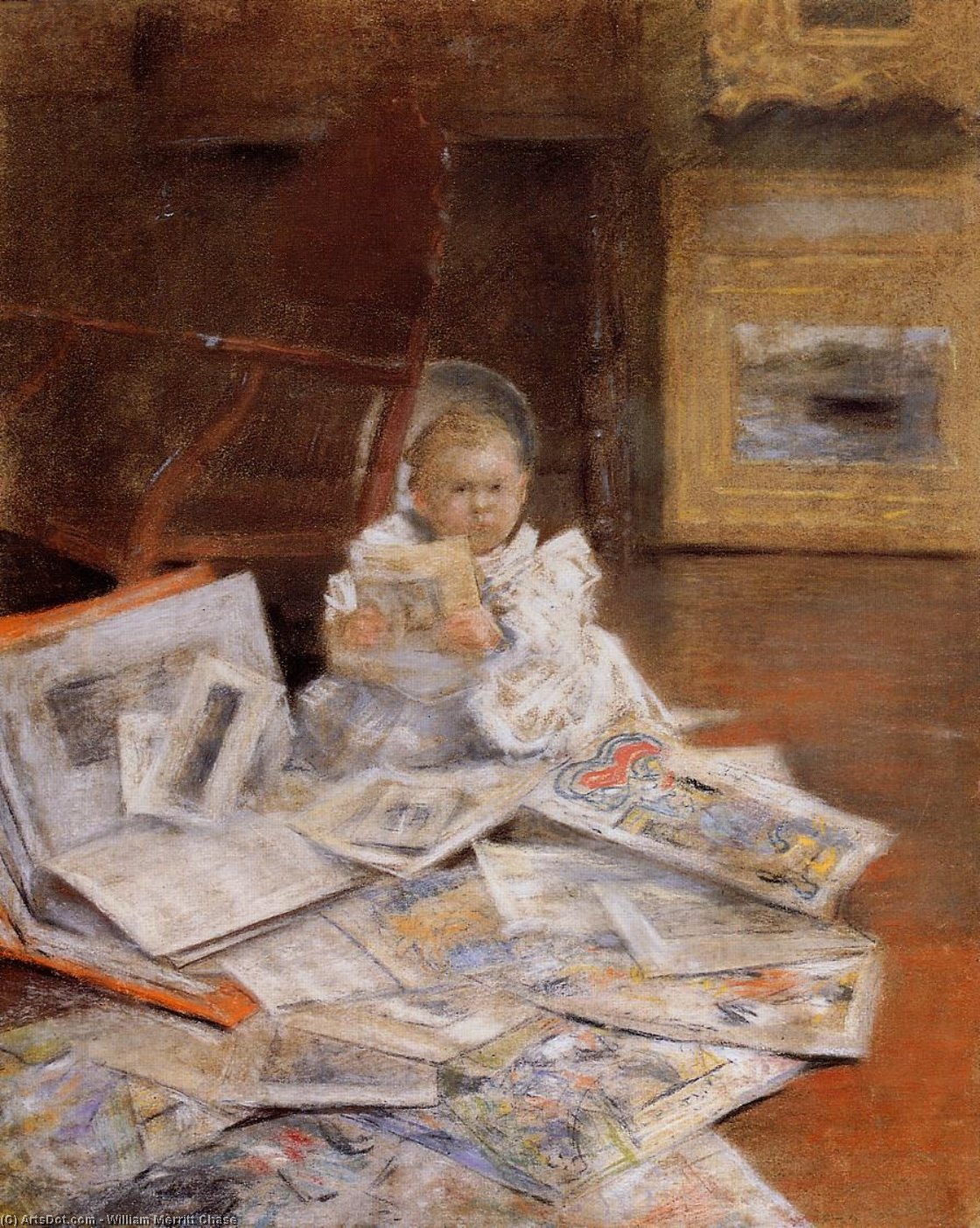 Wikioo.org – L'Enciclopedia delle Belle Arti - Pittura, Opere di William Merritt Chase - Bambino con Stampe