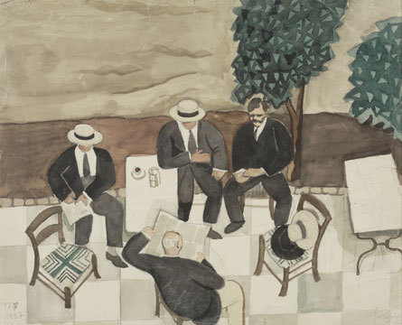 WikiOO.org - Güzel Sanatlar Ansiklopedisi - Resim, Resimler Yiannis Tsaroychis - Four men at a cafe