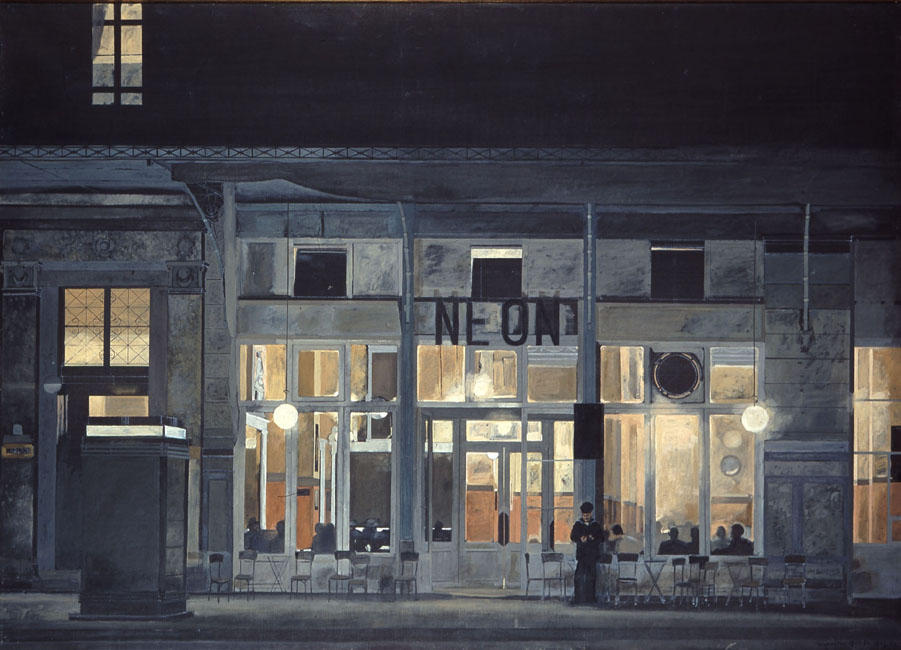Wikioo.org - The Encyclopedia of Fine Arts - Painting, Artwork by Yiannis Tsaroychis - Cafe ''Neon'' at night