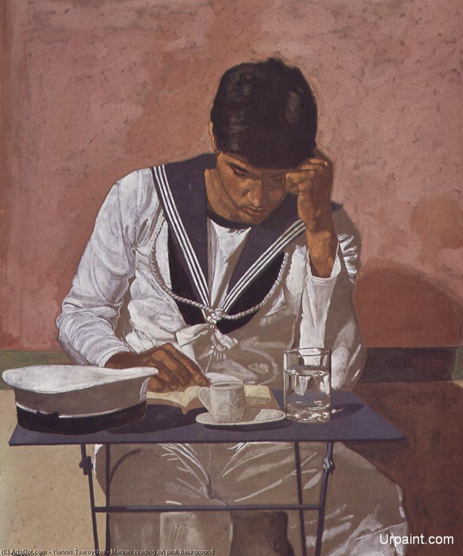 Wikioo.org – La Enciclopedia de las Bellas Artes - Pintura, Obras de arte de Yiannis Tsaroychis - Marinero Lectura  en  clavel  de fondo