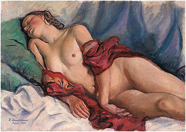 Wikioo.org – L'Encyclopédie des Beaux Arts - Peinture, Oeuvre de Zinaida Serebriakova - dormir nue avec a rouge `shawl `