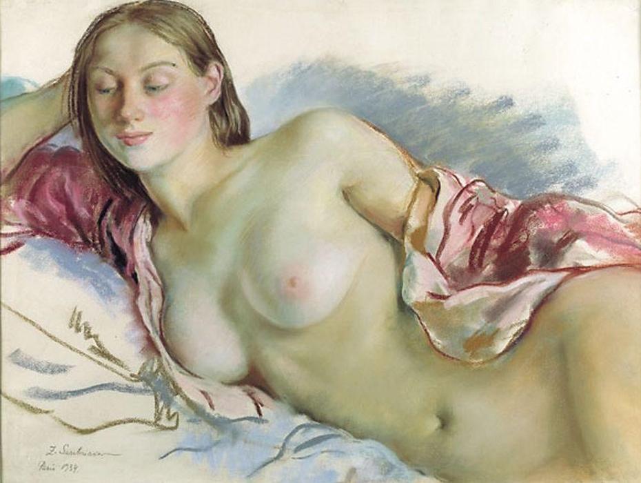 Wikioo.org - The Encyclopedia of Fine Arts - Painting, Artwork by Zinaida Serebriakova - Reclining Nude with cherry mantle 