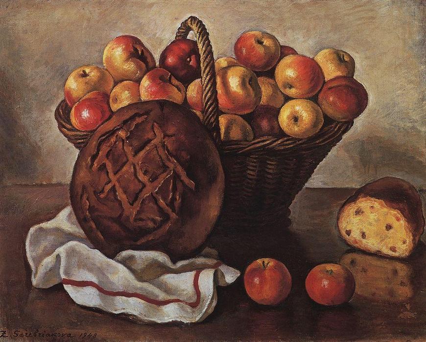 Wikioo.org - The Encyclopedia of Fine Arts - Painting, Artwork by Zinaida Serebriakova - Still Life with Apples and a round bread 