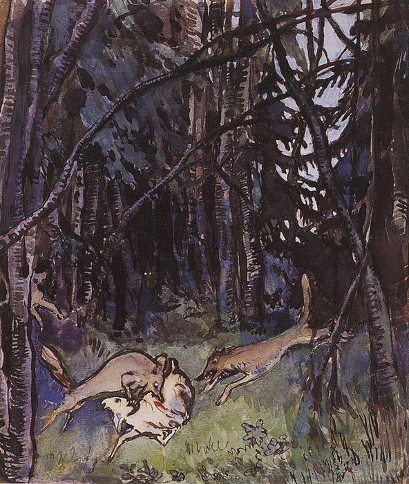 Wikioo.org - The Encyclopedia of Fine Arts - Painting, Artwork by Zinaida Serebriakova - Attacked a goat gray wolves 